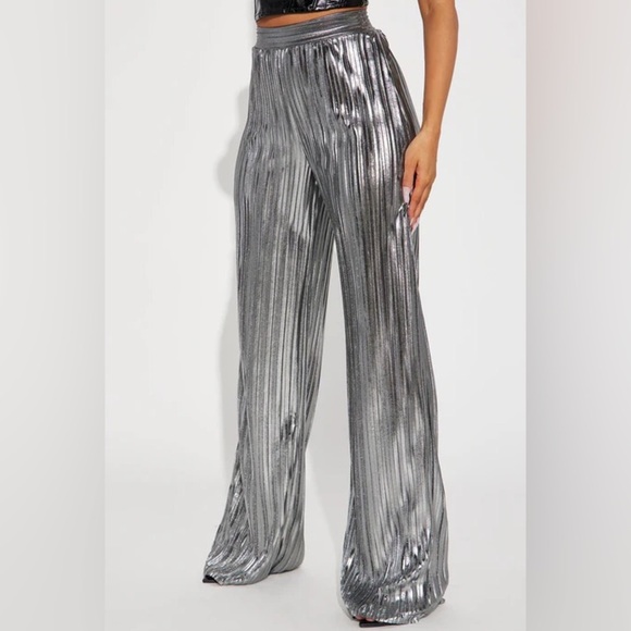 Fashion Nova Pants - Party Up Metallic Plisse Pant - Silver